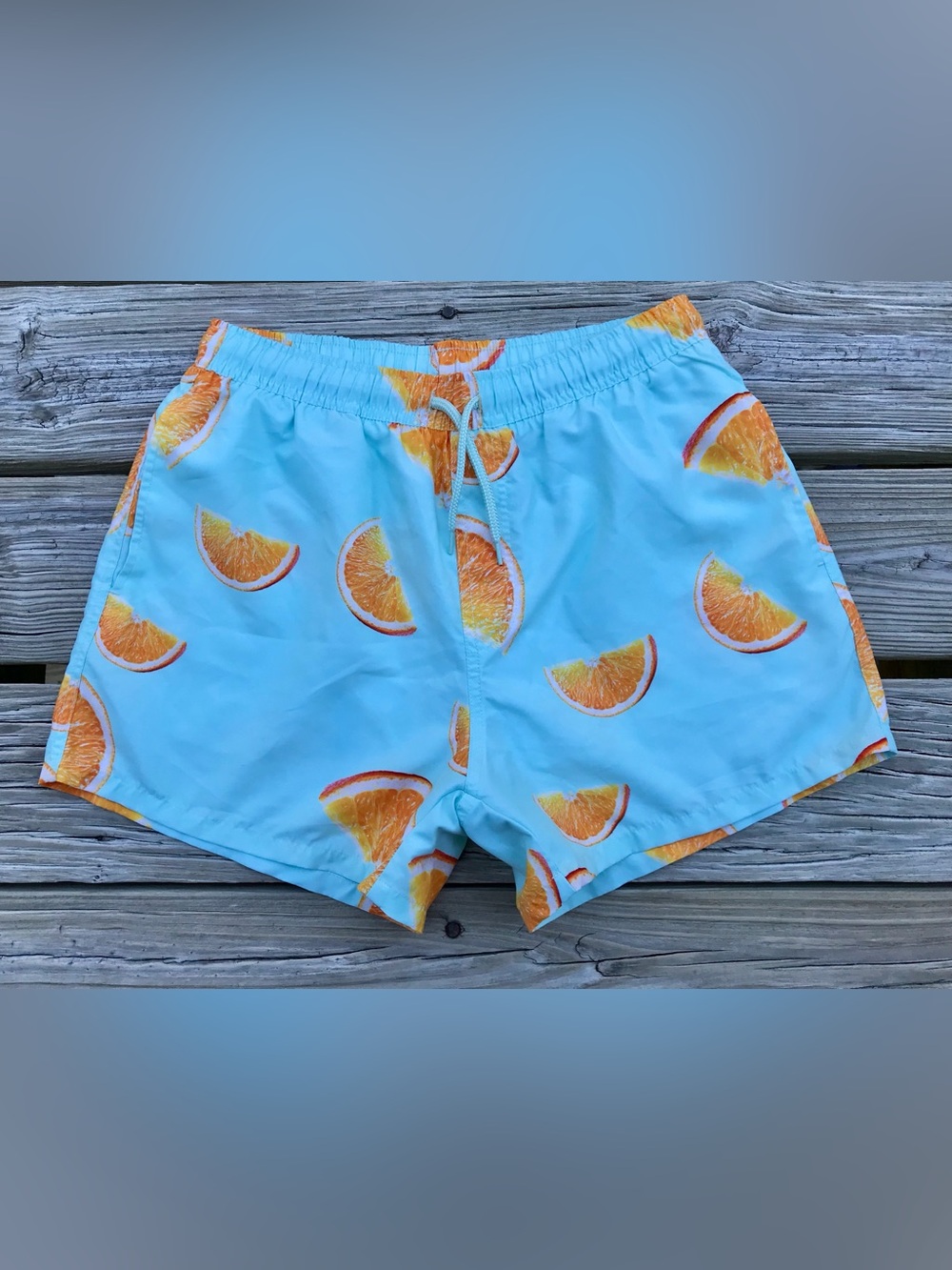 Mens M ASOS Orange Slice Pull On Elastic Waist Swim Trunks Surf Shorts